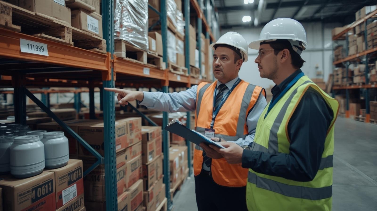 Warehouse inspectors checking dangerous goods storage compliance