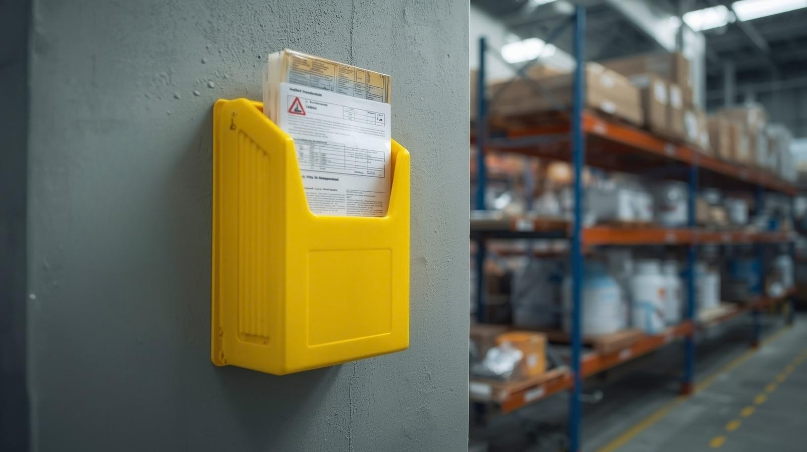 Safety data sheet in yellow wall-mounted holder at warehouse