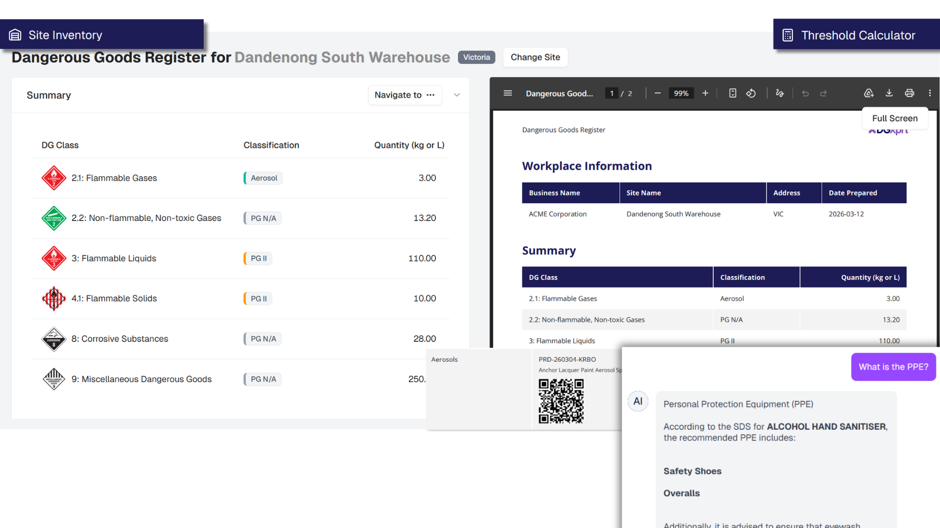DGXprt Dangerous Goods Register, Site Inventory, Threshold Calculator and SDS Register interfaces